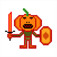 Pumpkin warrior pixel art . Vector illustration.