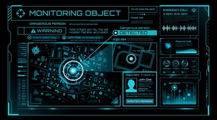 HUD security monitoring system technology, digital interface screen, vector UI. HUD cyber security monitor, target location detection or positioning and spy surveillance in global cybersecurity system