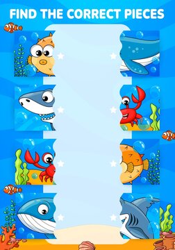 Cartoon funny underwater animals and fish, find a correct half game worksheet. Kids puzzle quiz, vector riddle of matching cute shark, whale, crab and pufferfish pictures on blue sea wave background