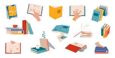 Book stacks pile, library and school textbooks or study literature, vector flat icons. Book piles of education bookstore, college bookshop dictionary and academic books open or closed with bookmarks