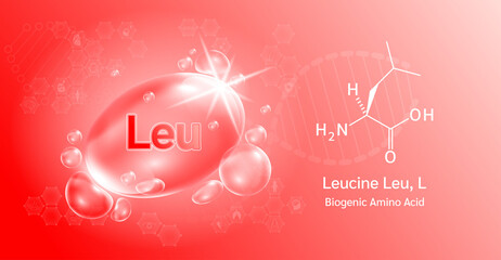 Water drop Important amino acid  Leucine Leu, L and structural chemical formula. Lysine on a red background. Medical and scientific concepts. 3D Vector Illustration.