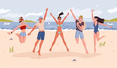 Group of young people jumping on beach, people on summer sea vacations, flat vector. Happy friends at ocean beach on sand jumping with hands up, happy man and woman at seaside or lake beach