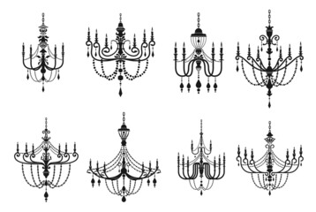 Fototapeta na wymiar Chandelier silhouettes, crystal lamp lights black isolated vector icons. Vintage chandelier lamps or baroque interior candelabra with antique candlesticks, royal lampshades with candles