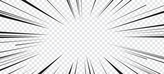 Fototapeta premium Manga transparent comic explosion or motion movement effect, vector anime background. Manga zoom or velocity and speed fast splash lines, cartoon frame with explode or superhero motion action