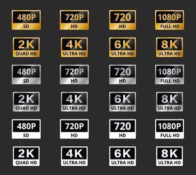 Video resolution icons, labels of 4K, 8K and 2K and Full Ultra HD, vector TV screen quality. Display format and video resolution of high definition 1080p, ultra HD or UHD, 480p SD and 720p or QUAD