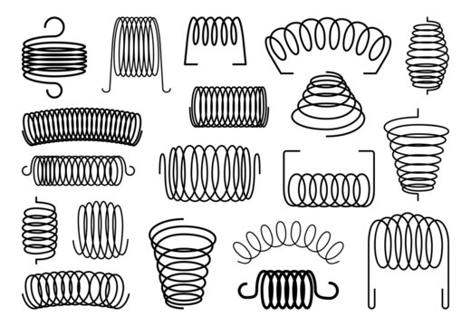 Spiral springs and coils, metal flexible wires and steel elastic bounces, vector icons. Mattress, machine suspension springs and shock absorbers, extended and compressed of different shapes