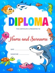 Vertical kids diploma in underwater cartoon animals vector frame. Child certificate, diploma or award of kindergarten and school education on blue sea background with funny fish, shark and squid