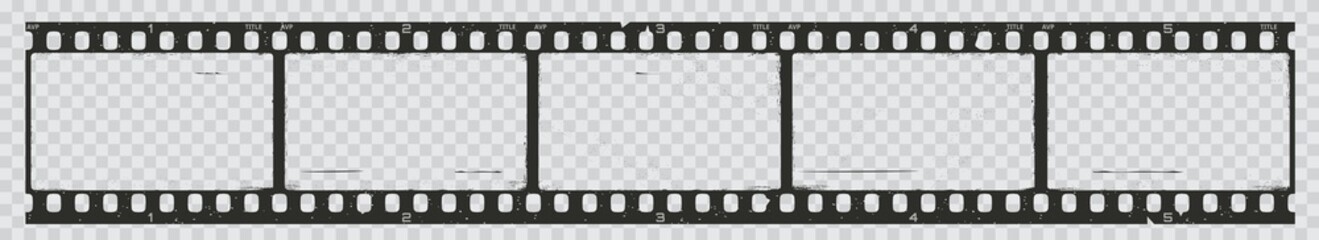 Old grunge movie film long strip, vintage filmstrip roll frame, vector photo background. Video or movie filmstrip overlay, cinema or photograph camera long film strip with transparent screen