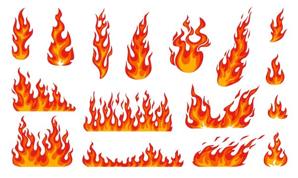 Cartoon fire flames, bonfire fire and burning fireballs, vector icons set. Red hot flames of campfire, wildfire firewall or burning torch heat, flammable symbols and burning effects of hell blaze