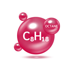 Octane gas (C8H18) molecule models and Physical chemical formulas. Natural gas combustible gaseous fuel. Ecology and biochemistry science concept. Isolated on white background. 3D Vector Illustration.