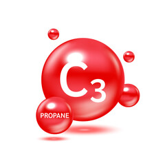 Propane gas molecule models red and Physical chemical formulas high flammability. Natural gas gaseous fuel. Ecology and biochemistry science concept. Isolated on white background. 3D Vector.
