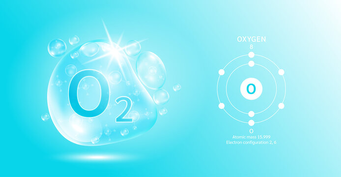 Drop water oxygen O2 molecule bubbles blue and chemical formulas. Natural gas. Electron diagram. Chemical element and atomic number. Ecology and biochemistry concept. 3D Vector Illustration.