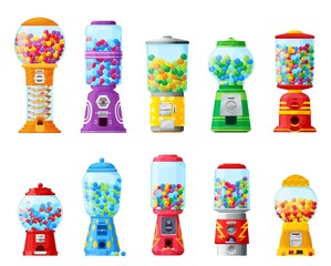 Gumball machine, candy bubble gum or bubblegum balls vending machine, cartoon vector. Gumball machine with coin slot and chewing gums of kids sweets in gashapon glass capsule dispenser