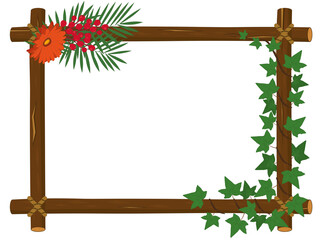 Wood branch frame with ivy vines, gerbera flower and red berries vector illustration