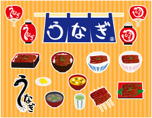 うなぎ　鰻重　暖簾　ベクターイラスト