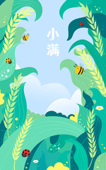 Fototapeta premium Child sitting on plant leaves to escape the heat, surrounded by insects and plants, vector illustration