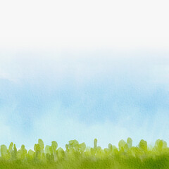 Spring backdrop. Nature watercolor painting. Natural green plant and blue sky background. Summertime season.