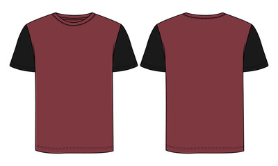 Two tone Red and black Color Short sleeve T-shirt technical  fashion Flat Sketch Vector illustration Template Front and back view. Basic apparel design Mock up cad for mens and boys.