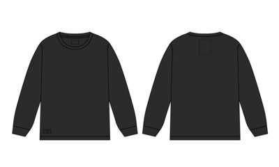 Long sleeve t shirt Technical fashion flat sketch vector illustration Black Color template front and back views for men's and boys. Flat style Apparel Design Mock up Cad.