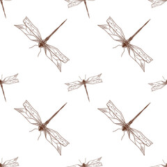 Seamless with lavender and dragonfly. hand drawn