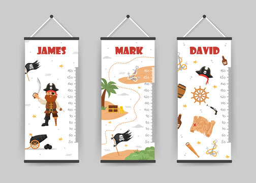 Kids height charts collection. Meter wall with pirate captain, flag and map. Vector illustration in doodle cartoon style. Childish growth chart. Poster template for nursery interior.