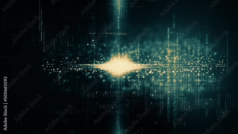 Leinwandbilder Vertical screen Format : Futuristic abstract de-focus Metaverse data matrix, meta, telemetry and encrypt numbers display with particles simulation in cyber space environment for HUD loop background