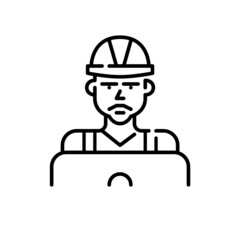 Construction worker using laptop. Pixel perfect, editable stroke icon
