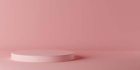 Pink cylinder empty podium mockup. Abstract minimal design studio scene. Realistic 3d render background.