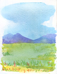 Abstract watercolor illustration with grassland and mountains, blue sky with clouds