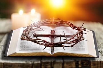 Open bible book on dark black wooden desk table space. Christ gospel literary.