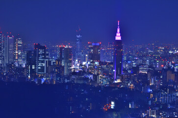 Fototapeta premium 渋谷スクランブルスクエア渋谷スカイの夜景と紫の電飾のドコモタワー