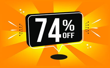 74% off. Orange banner with black balloon and special buy and sell offer