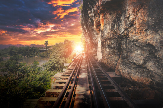 Susnet Light At The End Of The Death Railway Of World War 2 In River Kwai Kanachanaburi,Thailand. For Hope And Success Concept.