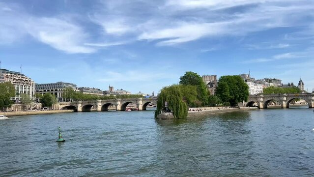 View of Paris from the ship from the River Seine to the numerous bridges of Paris. High quality 4k footage