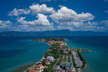 Sirmione, aerial view Lake Garda, Italy. Sirmione Peninsula drone view. 