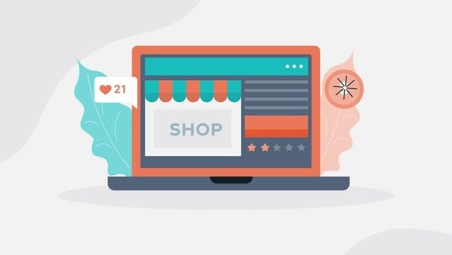 Online shopping, ecommerce website storefront , buy sale on internet, web business technology communication. 2d animation 4k video clip.