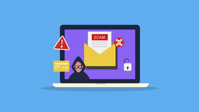 Email scam, email fraud - online hacker phishing attack, stealing personal and financial information, security breach conceptual 2d animation, 4k video clip.