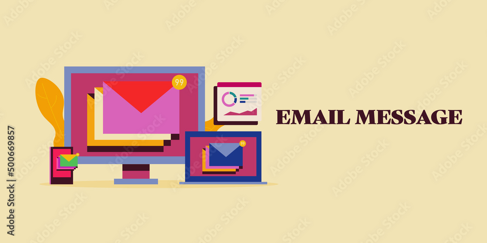 Poster message on screen, email marketing - responsive technology, digital communication, analytic dashboar