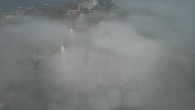 Hagia Sophia and Blue Mosque in the Fog Drone Video, Fatih Istanbul, Turkey