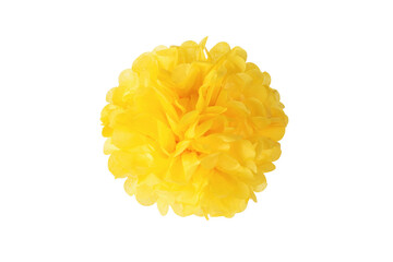 A large yellow paper pompom isolated on a white background. - obrazy, fototapety, plakaty