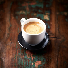 Cup of coffee on rustic wooden background. Copy space.