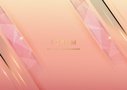 Abstract 3d Template Rose Gold Background With Gold Lines Diagonal Sparking With Copy Space For Text. Luxury Style.