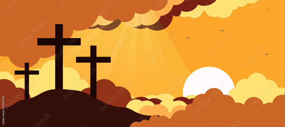 Wall mural jesus christ crucifix on the mountain where jesus was crucified the sun shines down In Christian conception, forgiveness, glorification of God. Sunlight and Clouds background