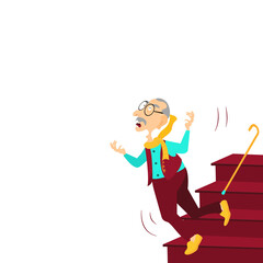 One Older glabrous man falling accident.Elderly grey hair man slipped down stairs in home on white background. Vector isolate flat cartoon characters design concept for Don’t leave old people alone.