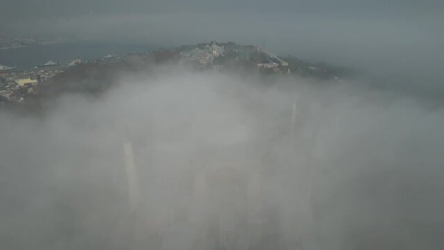 Hagia Sophia and Blue Mosque in the Fog Drone Video, Fatih Istanbul, Turkey