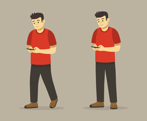 Young man walking or standing while using mobile phone. Front perspective view. Flat vector illustration template. 