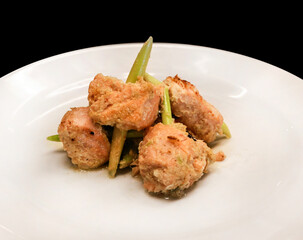 Grilled Salmon skewer with lemongrass, focus selective