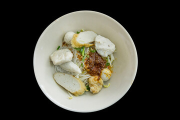 Top view of Dried fish ball noodle, focus selective