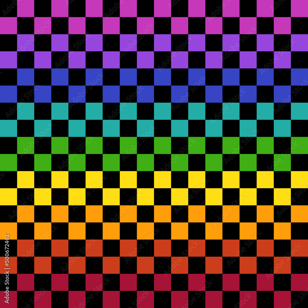 Poster checkered rainbow wallpaper. seamless pattern of black and colorful squares. vector chess and rainbo