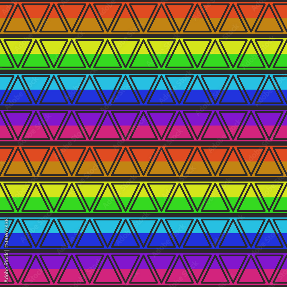 Poster Rainbow stripes in a horizontal position and simple triangles are empty inside. Vector triangles in black color frame and rainbow behind.